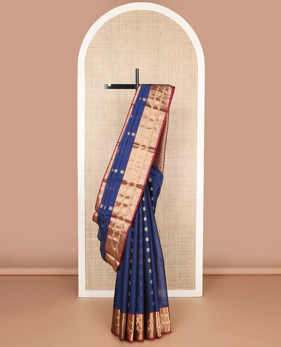 Blue motifs silk cotton saree with contrast zari design border & jaal design pallu