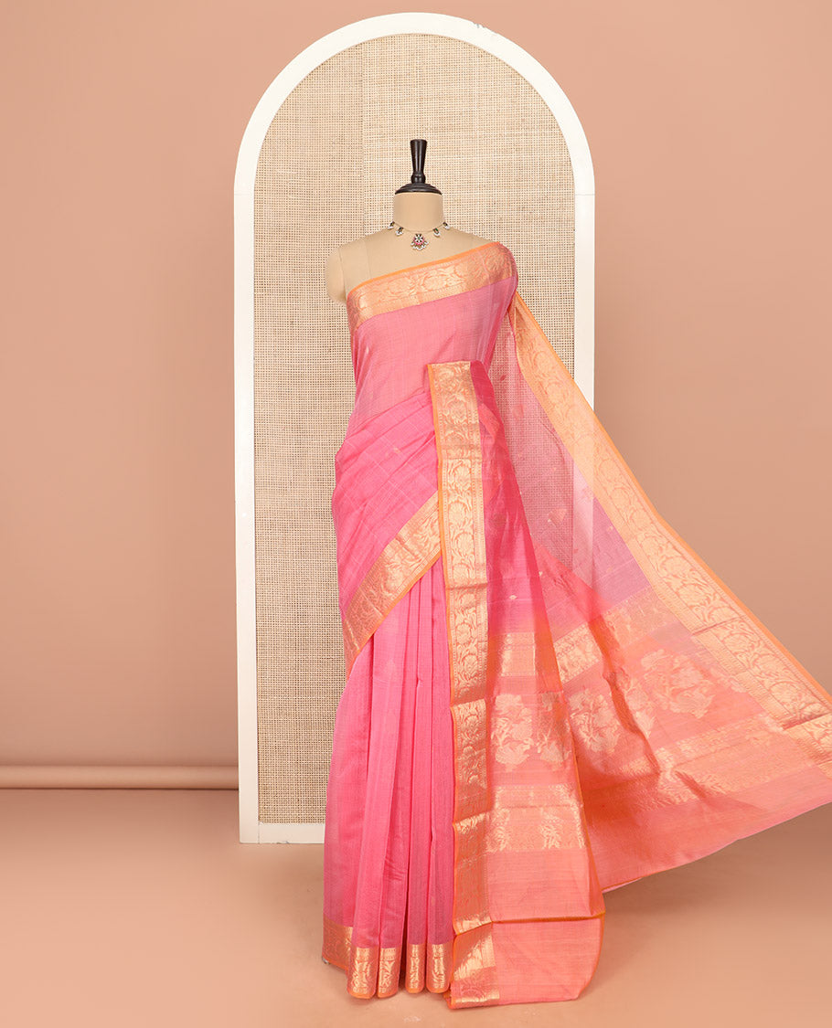 Pink Silk Cotton Saree Adorned with Zari Buttas All Over the Body, Complemented by a Contrast Zari Floral Creeper Design Border, Featuring a Pallu of Floral Zari Designs, and Paired with a Contrast Blouse