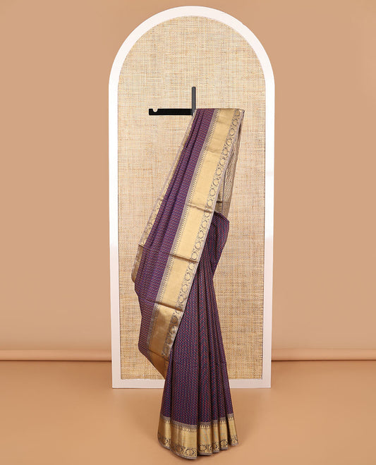 Blue striped design silk cotton saree with contrast floral design border & paisley, bird zari design pallu