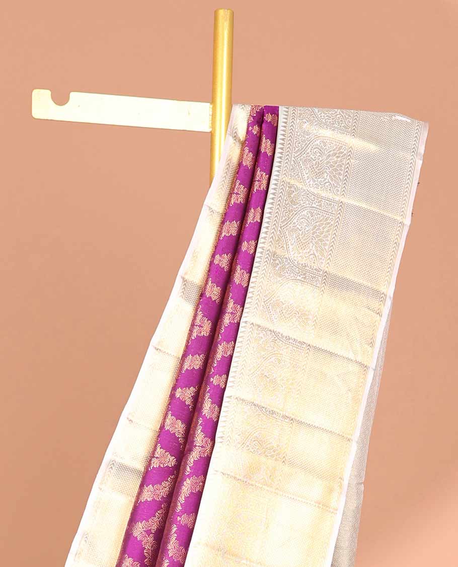 Red jacquard silk saree with contrast border of rekku, kathir, mayil, checked design & intricate zari design pallu