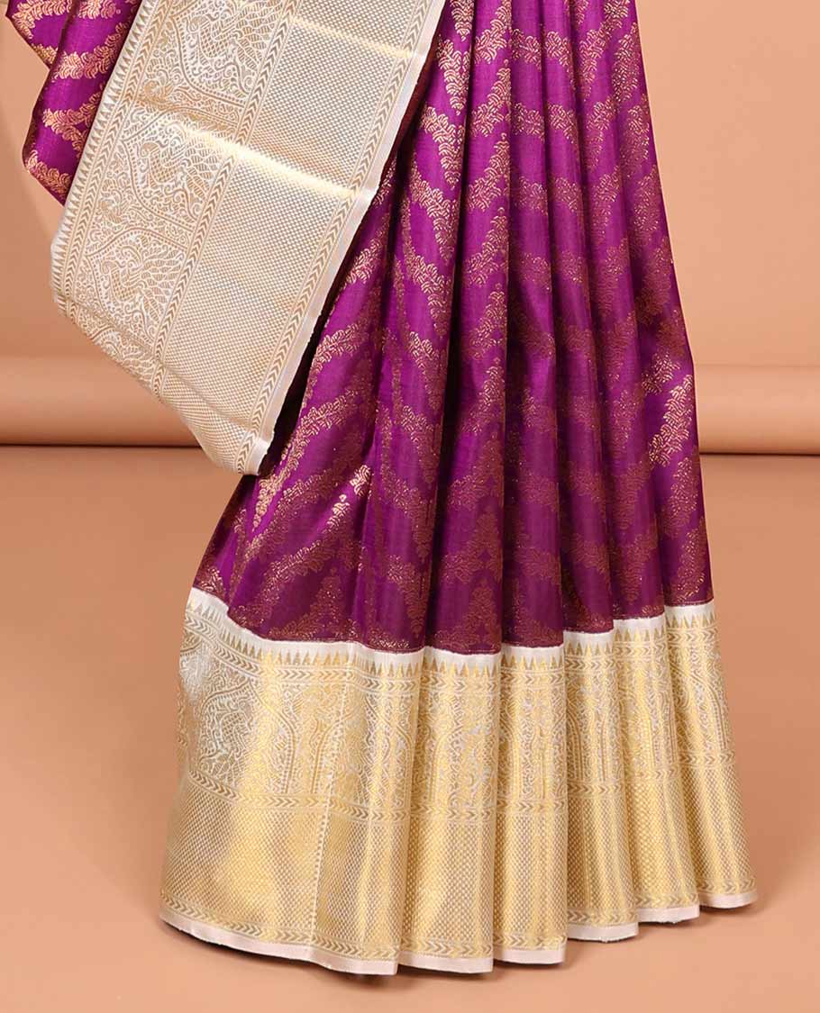 Red jacquard silk saree with contrast border of rekku, kathir, mayil, checked design & intricate zari design pallu