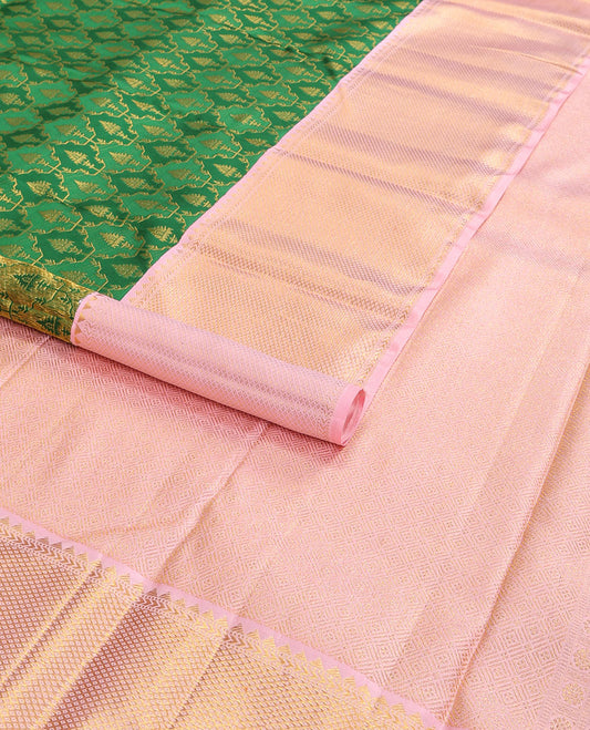Green jacquard samudrika silk saree with contrast checked design border & intricate zari design pallu
