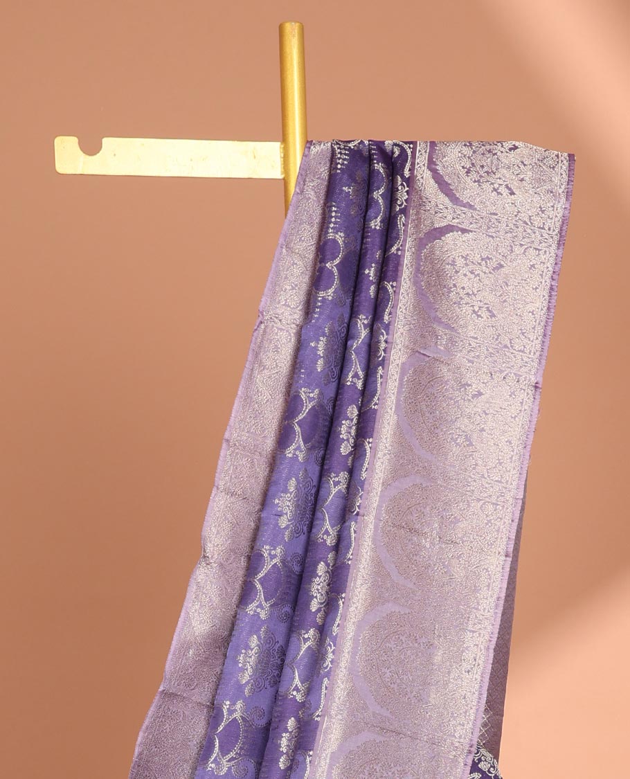 Purple floral jacquard samudrika silk saree with contrast floral zari design border & floral, checked zari design pallu