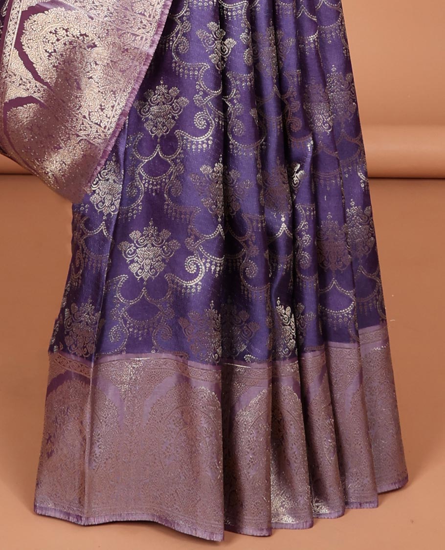 Purple floral jacquard samudrika silk saree with contrast floral zari design border & floral, checked zari design pallu