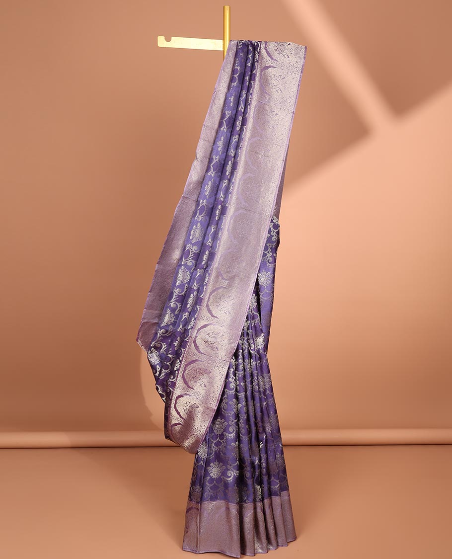 Purple floral jacquard samudrika silk saree with contrast floral zari design border & floral, checked zari design pallu