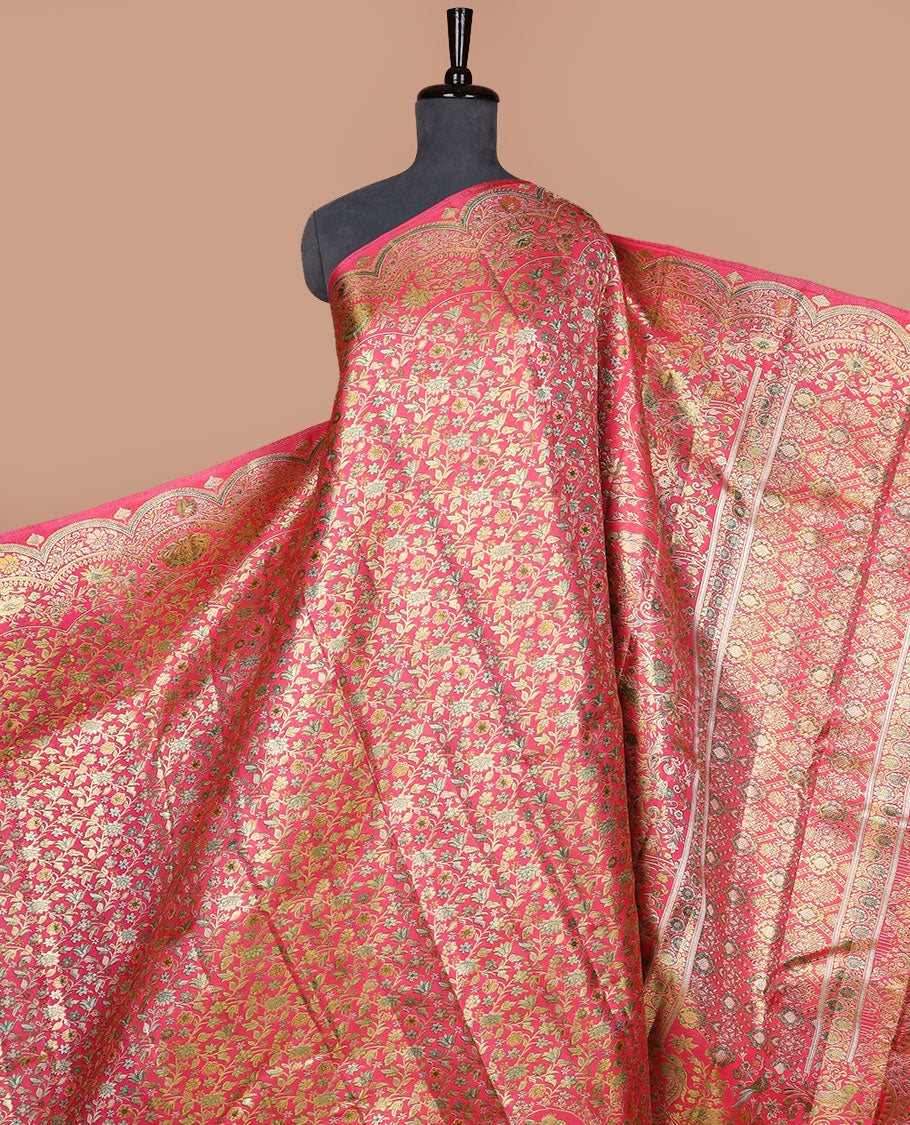 Pink floral jaal meenakari jacquard silk saree, scallop zari floral creeper design & meenakari floral design pallu