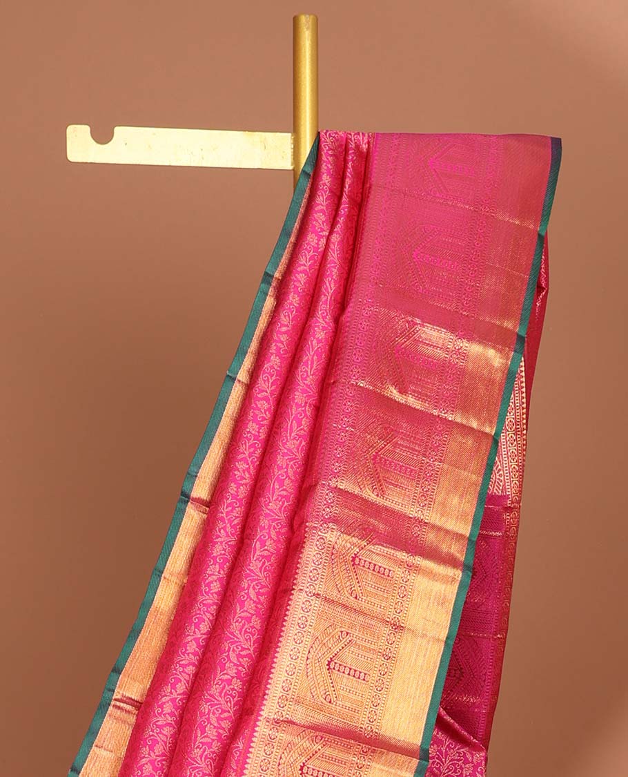 Pink floral vine design silk saree with contrast border of rekku,muthu,paun,banaras designs & intricate zari design pallu