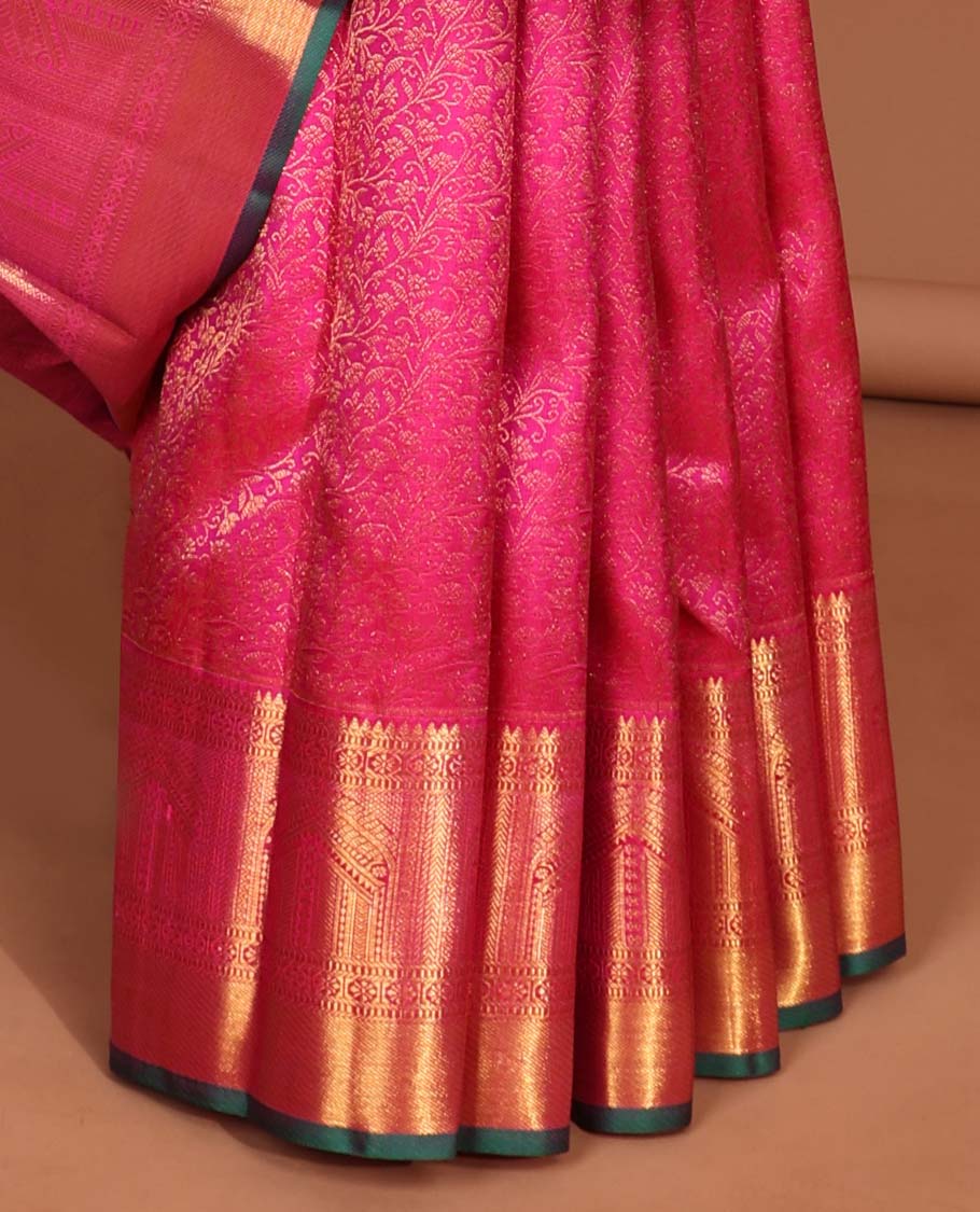 Pink floral vine design silk saree with contrast border of rekku,muthu,paun,banaras designs & intricate zari design pallu