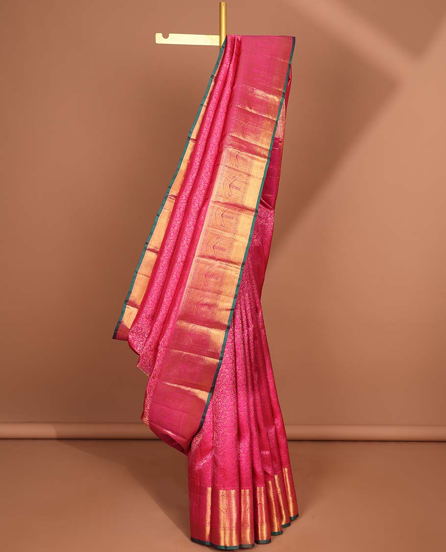 Pink floral vine design silk saree with contrast border of rekku,muthu,paun,banaras designs & intricate zari design pallu