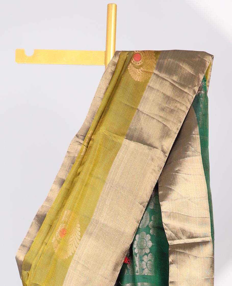 Green floral motifs semi-soft silk saree with contrast zari border & floral, temple zari design pallu