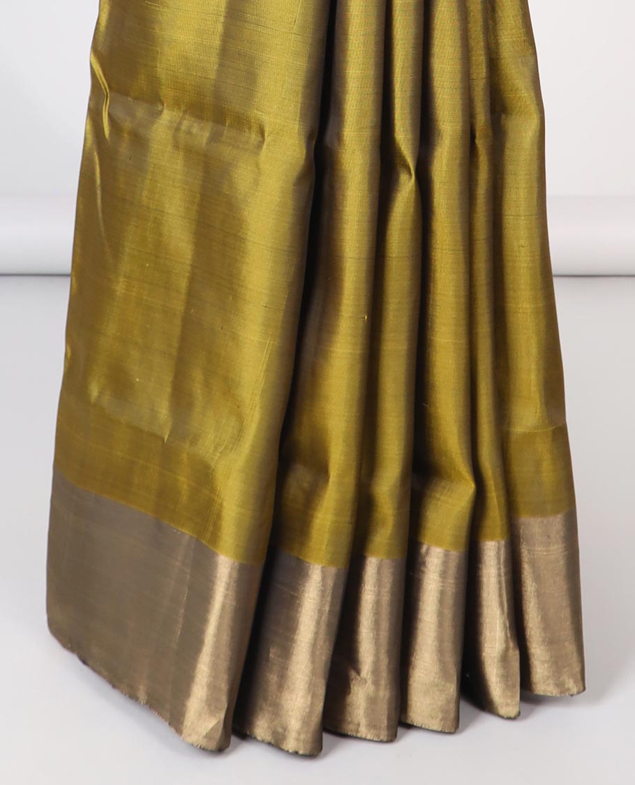 Green floral motifs semi-soft silk saree with contrast zari border & floral, temple zari design pallu