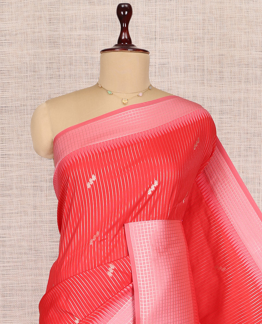 Red Fancy Soft Silk Saree, Graced with Zari Buttas and Stripes, Complemented by Contrast Zari Checked Border, Grand Pallu, and a Contrast Blouse