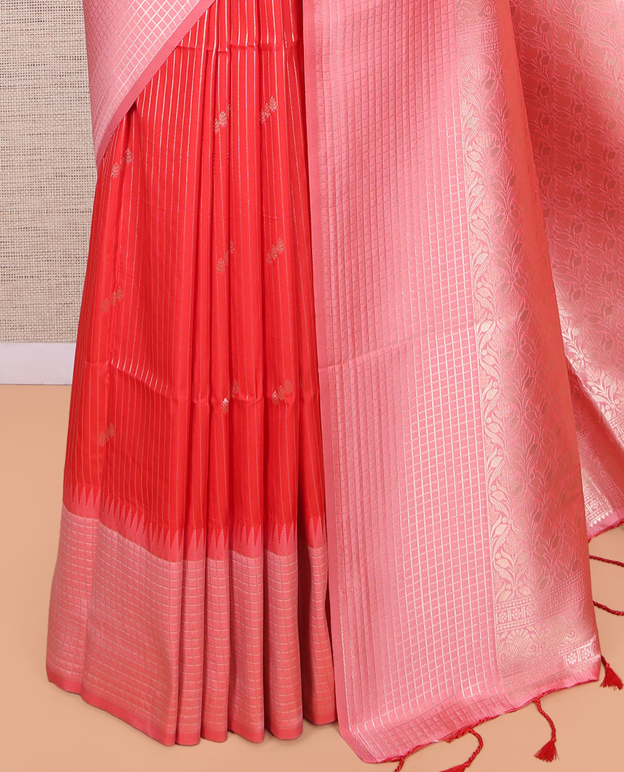 Red Fancy Soft Silk Saree, Graced with Zari Buttas and Stripes, Complemented by Contrast Zari Checked Border, Grand Pallu, and a Contrast Blouse