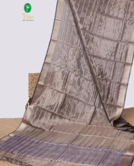 Greyish blue striped semi tissue saree with contrast zari border & zari design pallu