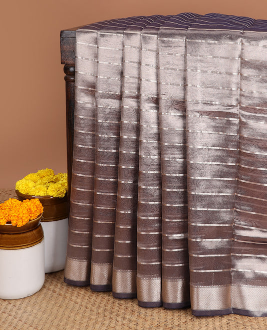 Greyish blue striped semi tissue saree with contrast zari border & zari design pallu