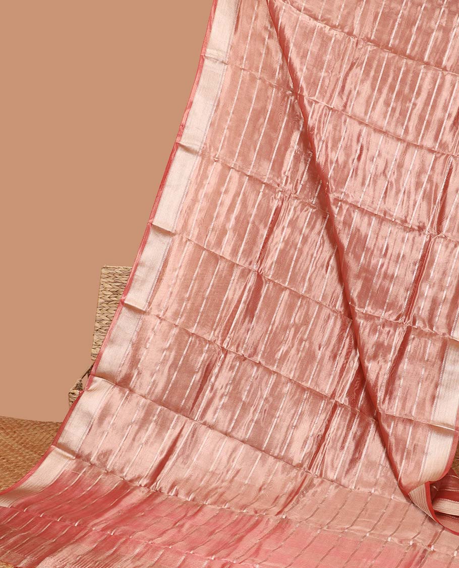 Peach striped semi-banaras tissue saree, plain border & striped pallu 