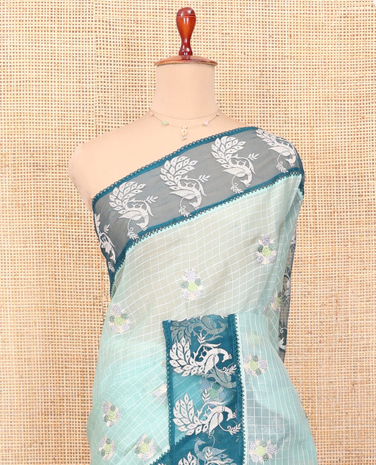 Blue Tissue Saree, Majestically Detailed with Checks and Floral Embroidery, a Contrast Peacock Border, Matching Blouse