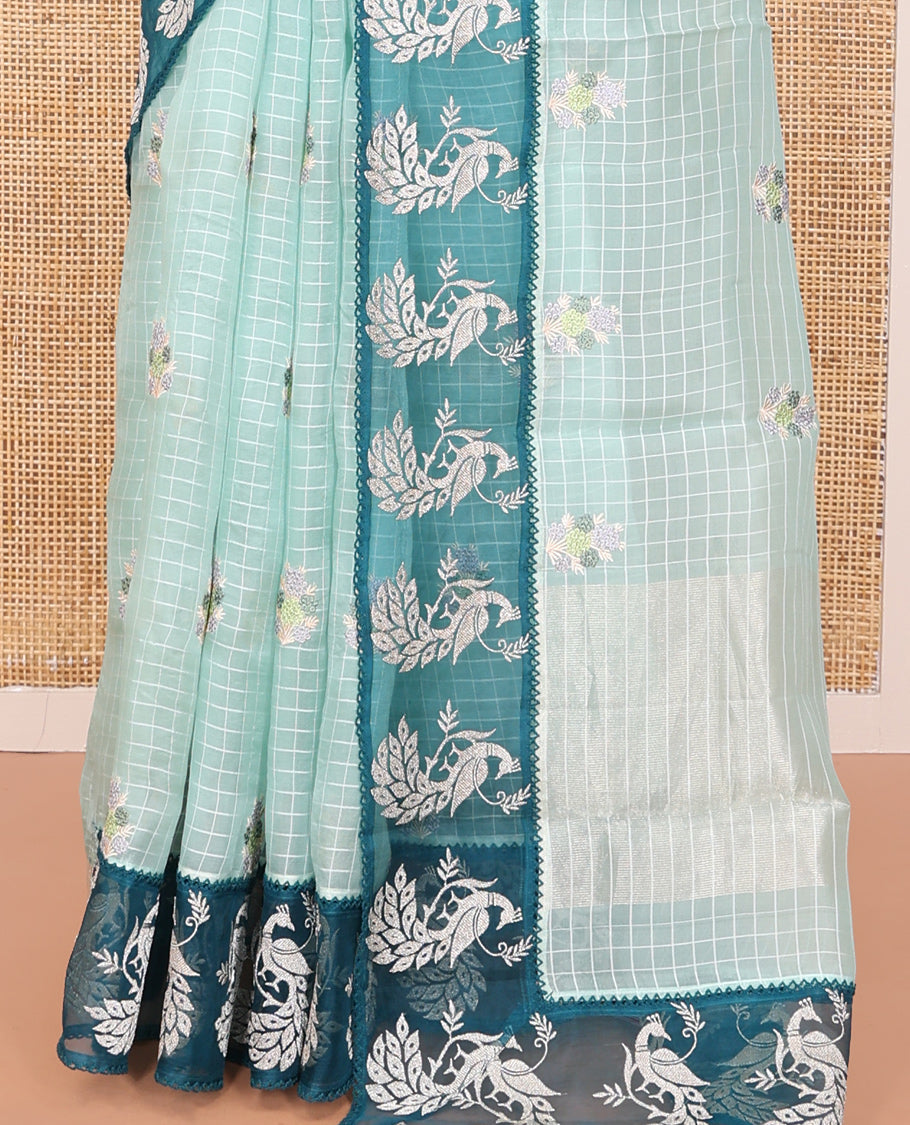 Blue Tissue Saree, Majestically Detailed with Checks and Floral Embroidery, a Contrast Peacock Border, Matching Blouse