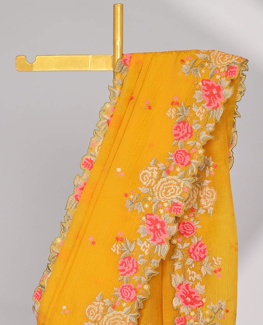 Yellow crushed tissue saree with scallop floral border & motif embroidery pallu