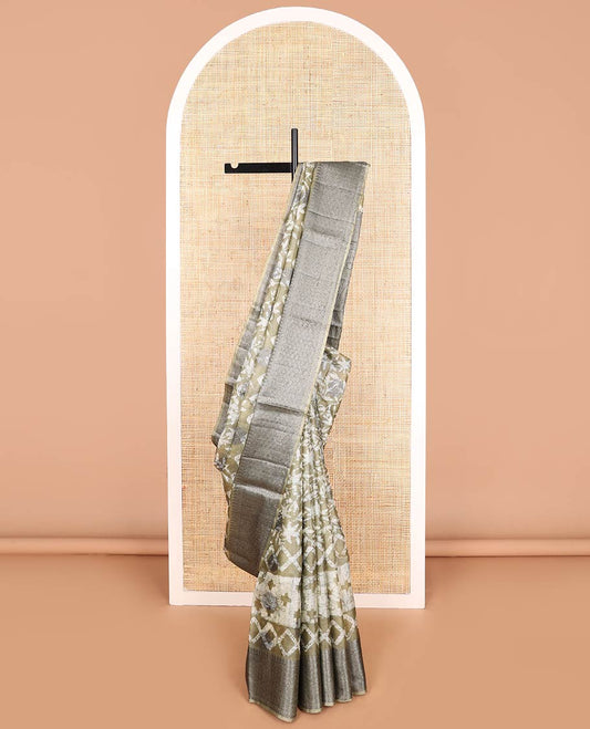Beige tie and die style floral, geometric design tussar saree with contrast intricate zari design border & floral design pallu