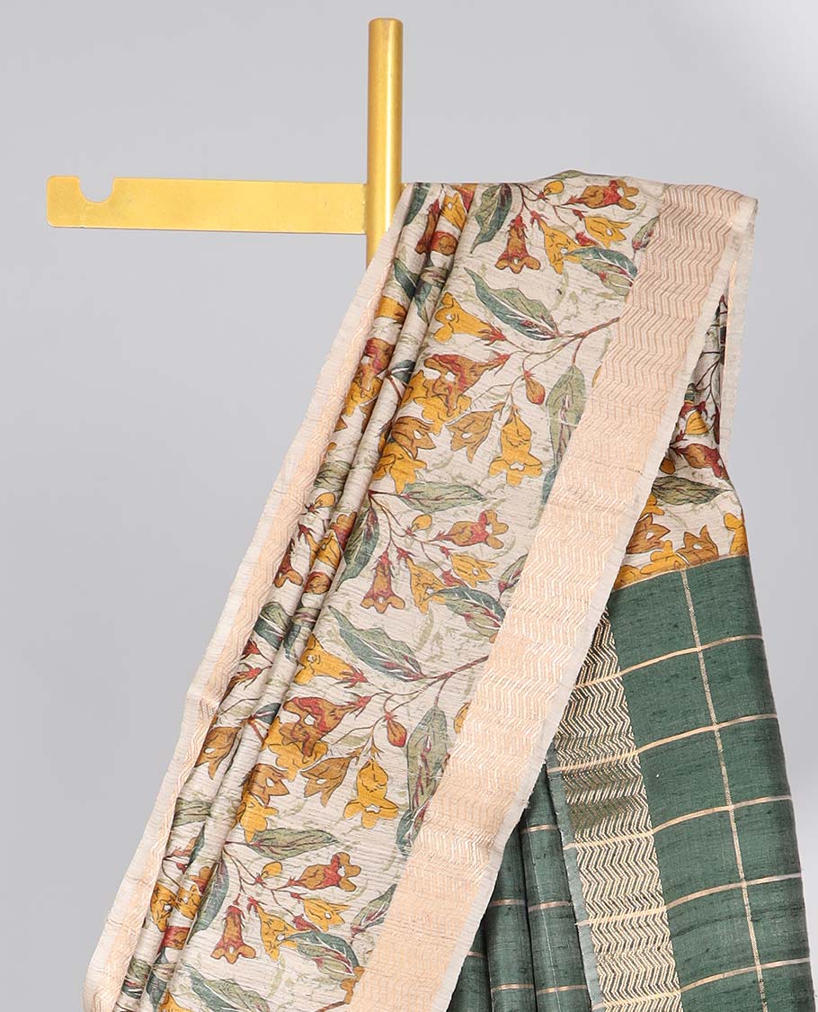 Cream floral printed tussar silk saree with self-border & checked pallu
