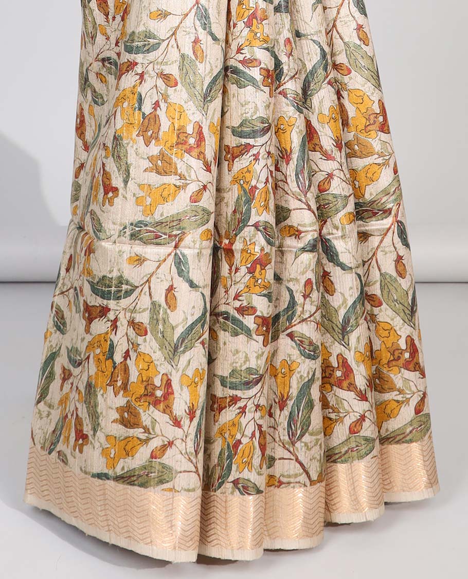 Cream floral printed tussar silk saree with self-border & checked pallu