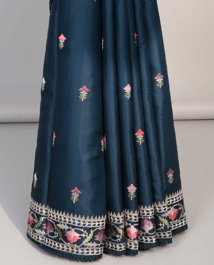 Blue  floral embroidery semi-banaras tussar saree with scallop border