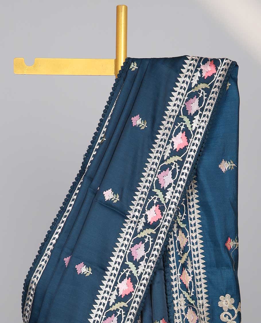 Blue  floral embroidery semi-banaras tussar saree with scallop border