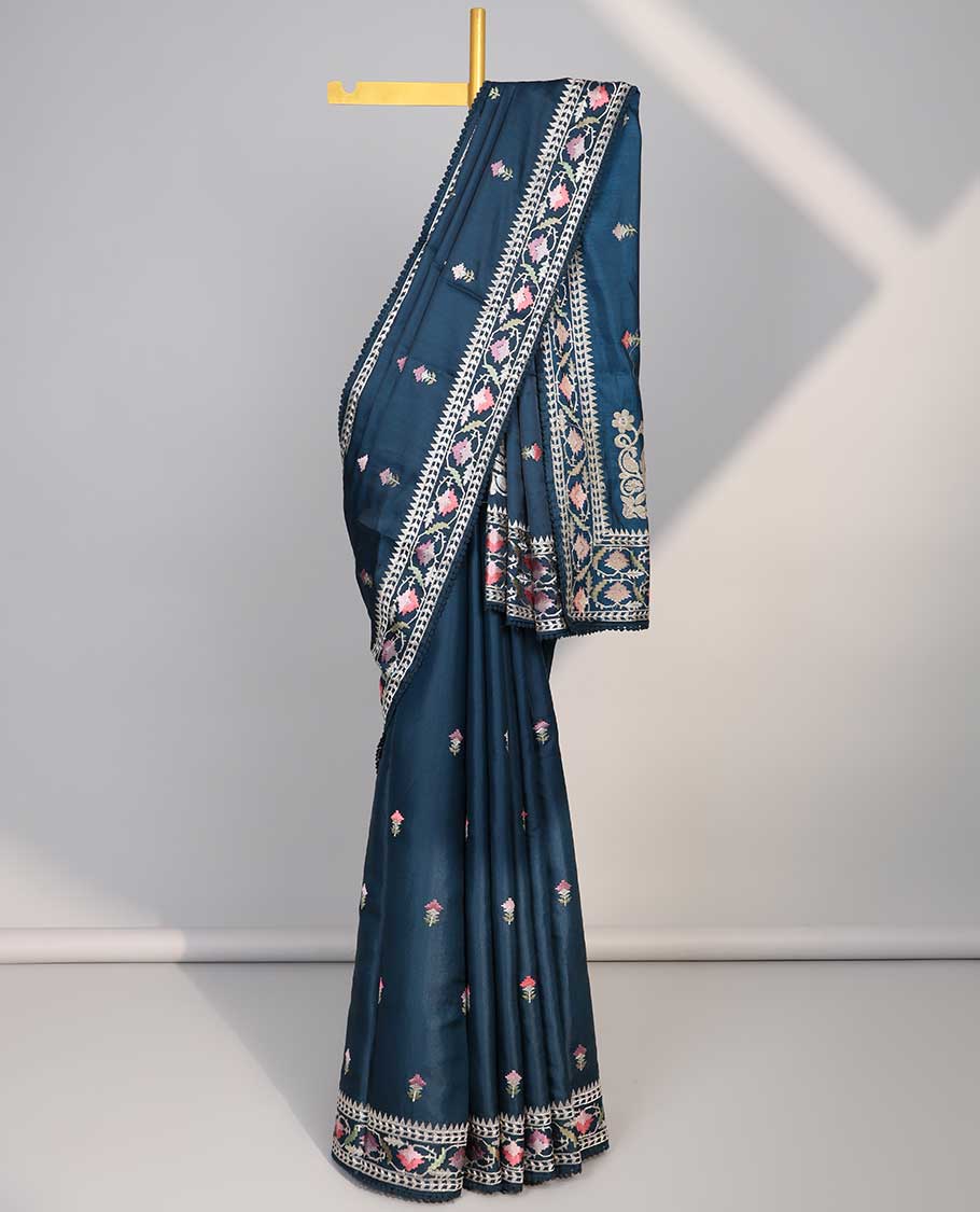 Blue  floral embroidery semi-banaras tussar saree with scallop border