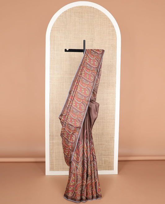 Brown paisley thread embroidery tussar silk saree with self plain border