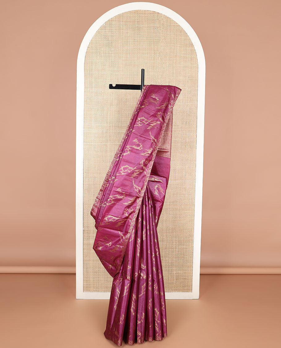 Dark pink abstract design tussar silk saree with self zari design border & floral design pallu