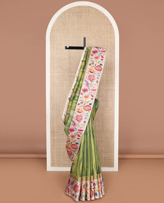Green motifs, abstract design tussar saree with contrast floral design border & checked design pallu