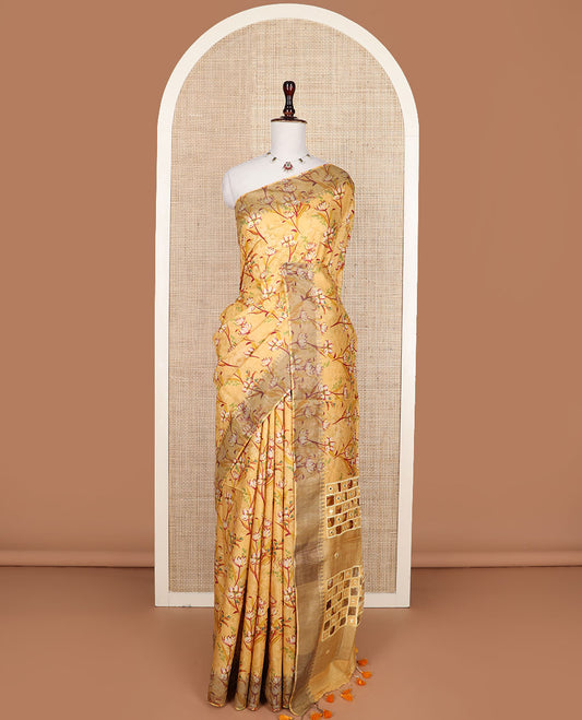 Yellow floral vine printed tussar silk saree, thilakam motifs border, and checked pallu