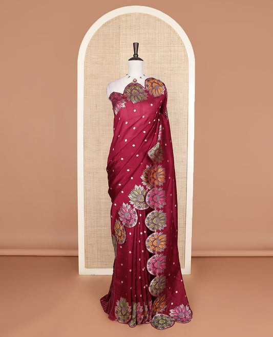 Maroon Matka silk saree features rudraksham motifs, scallop floral motifs and bird embossed thread embroidery border