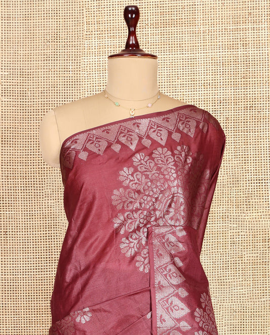 Maroon Tusser Silk Saree, Elevated with Rangoli-Style Designs, a Zari Border, Grand Pallu, and a Matching Blouse