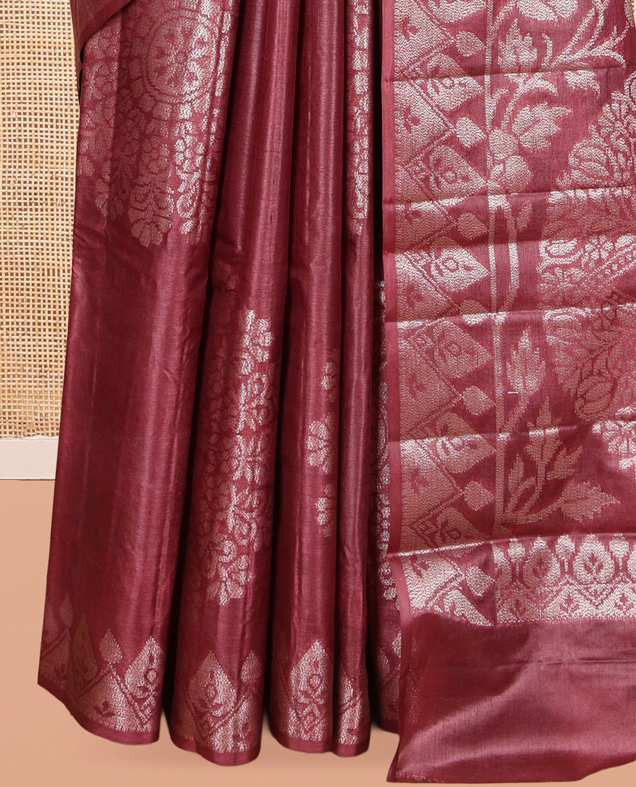 Maroon Tusser Silk Saree, Elevated with Rangoli-Style Designs, a Zari Border, Grand Pallu, and a Matching Blouse