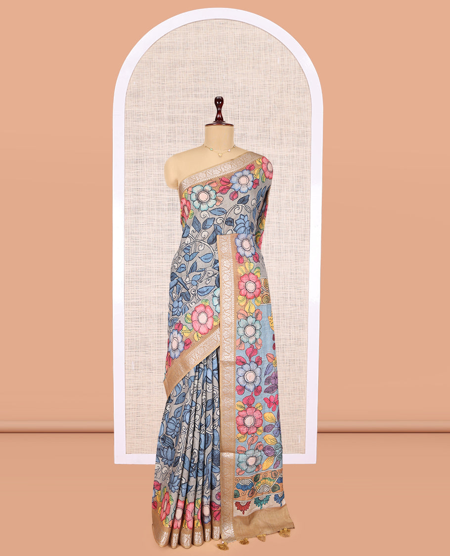 Grey Kalamkari Printed Fancy Tussar Saree
