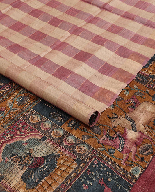Borderless pink checked tussar saree, contrast pallu pictures pichwai cow, floral creeper, paisley, elephant, dancing kathak girl & swan figurines, with printed blouse
