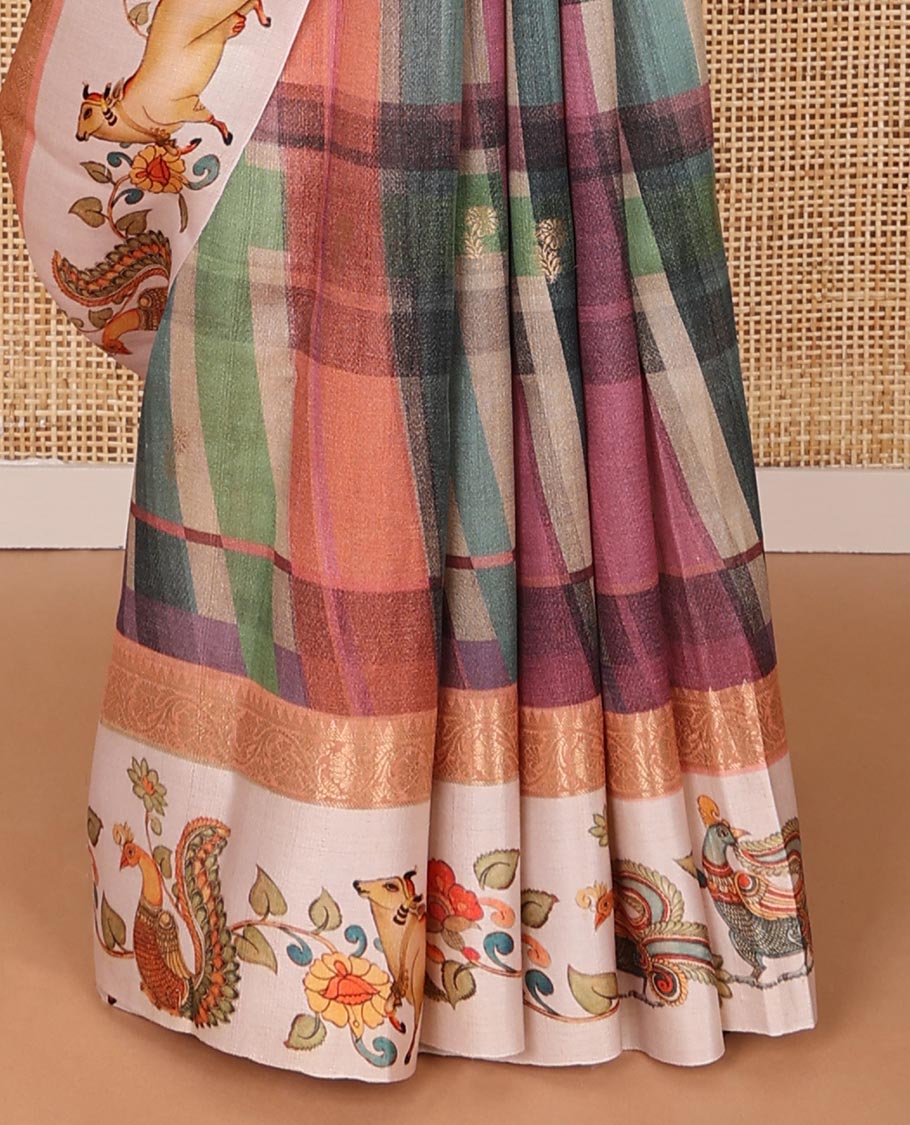Multi-color checked & buttas tussar silk saree, contrast printed border of kalamkari peacock, floral & Pichwai cow & zari-rich pallu