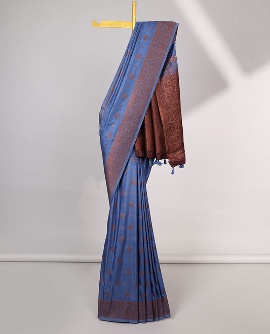 Violet geometric motifs semi-banaras tussar saree with contrast zari border & pallu of jaal design