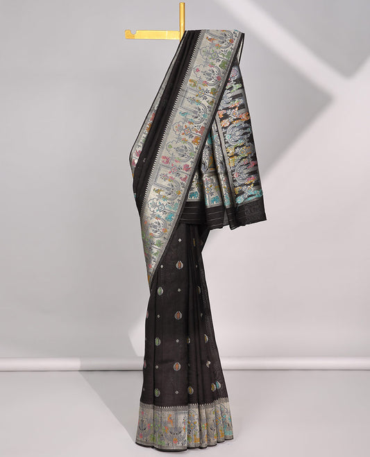Black floral motifs matka silk saree with self floral embroidery &  intricate embroidery pallu