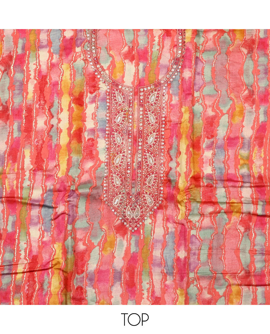 Pink material chudidar set, abstract printed with neck embroidered top, plain bottom, and contrast embroidered motifs dupatta