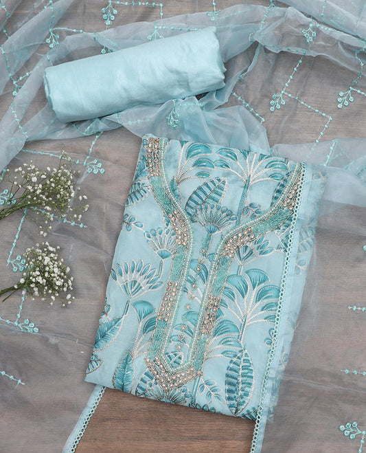 Light blue material chudidar set, tropical printed with neck embroidered top, plain bottom, and thread embroidered dupatta
