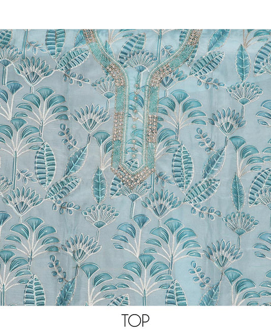 Light blue material chudidar set, tropical printed with neck embroidered top, plain bottom, and thread embroidered dupatta