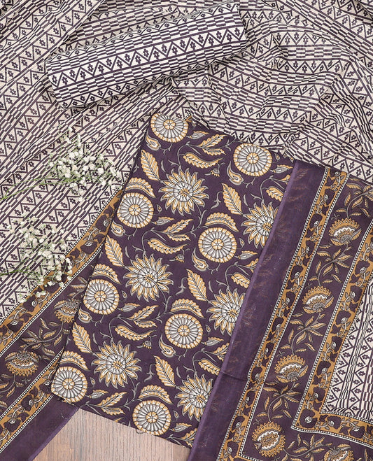 Violet chudidhar material set floral print top with geometric print bottom & geometric, floral design dupatta