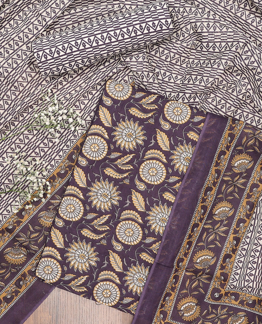 Violet chudidhar material set floral print top with geometric print bottom & geometric, floral design dupatta