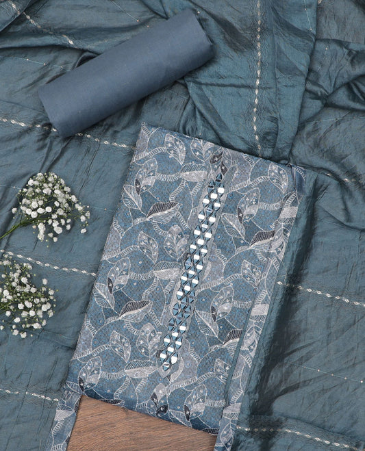 Blue material chudidar set, leaf patterned with neck real mirror work top, plain bottom and sequins striped dupatta