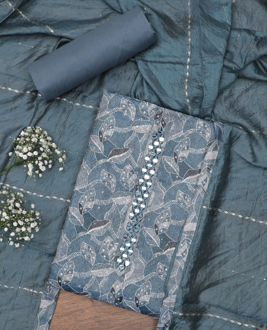 Blue material chudidar set, leaf patterned with neck real mirror work top, plain bottom and sequins striped dupatta