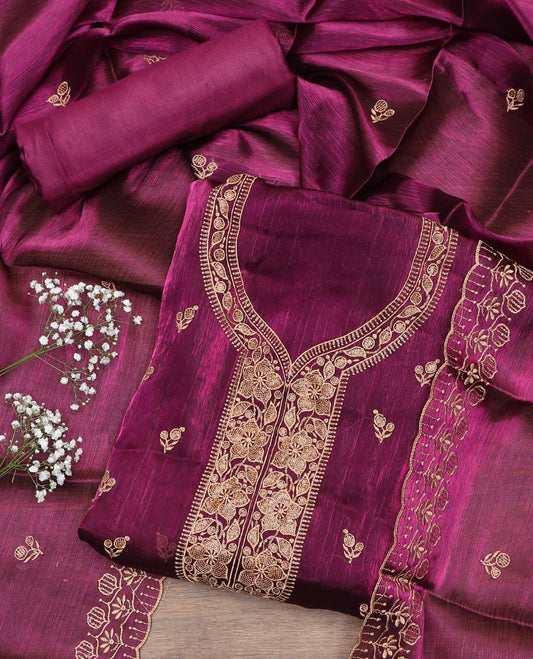 Purple material chudidar set, floral thread embroidered top, plain bottom, and scallop thread embroidered dupatta