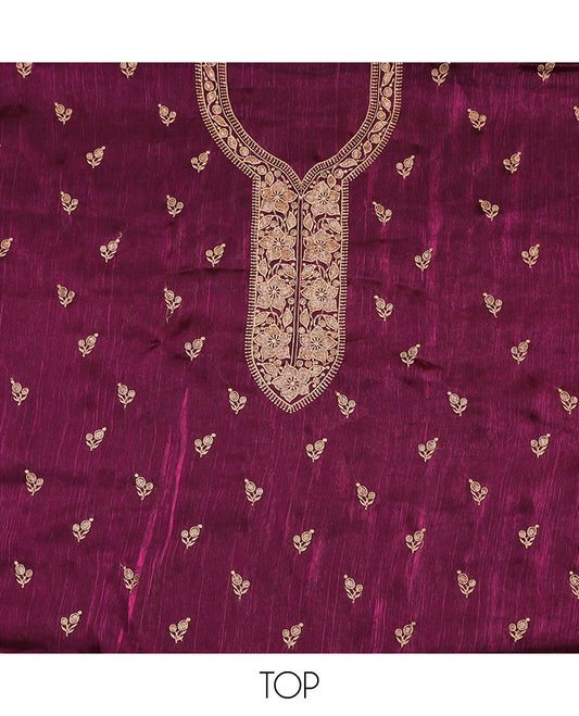 Purple material chudidar set, floral thread embroidered top, plain bottom, and scallop thread embroidered dupatta